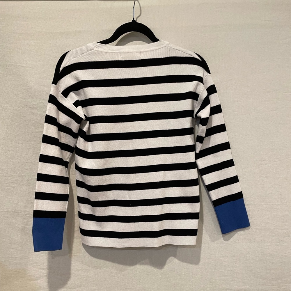 Mesh+lace striped crewneck sweater
